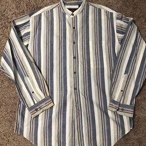 Route 66 Mens Long Sleeve Shirt 100% Cotton Size M gray white and beige stripped